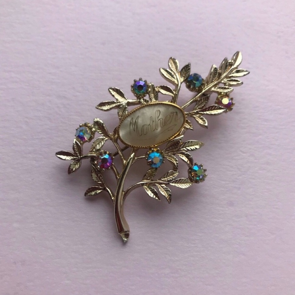 Vintage Mother Branch Gold-Tone Brooch with Iridescent Blue Stones